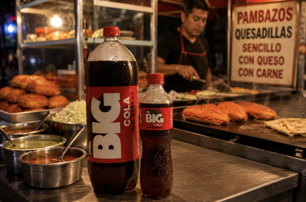 Big Cola y antojitos en un puesto callejero tradicional mexicano.